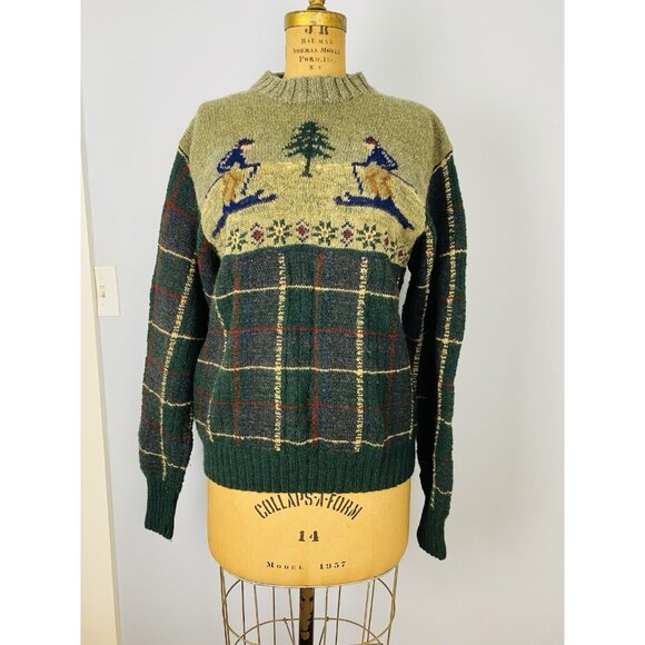 Polo Ralph Lauren Wool Ski Sweater Mens Size Large Tartan Plaid Skier Crewneck - Picture 1 of 11